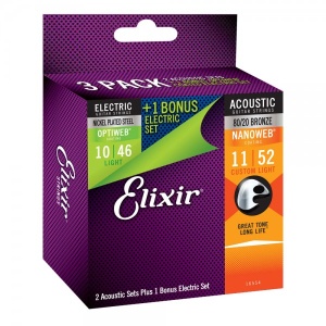 Elixir 16554 2 комплекта струн для акустической 11-52 + 1 комплект струн для электрогитары 10-46, El
